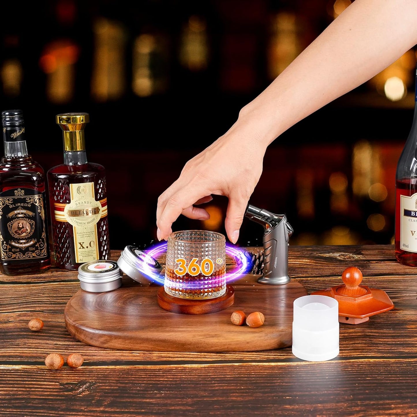 Whiskey Smoker Kit with Torch - 6 Flavors Wood Chips, 2 Rotatable Whiskey Glasses, 2 Ice Ball Molds - Cocktail Smoker Infuser Kit, Old Fashioned Smoker Kit, Birthday Gifts for Men, Dad(NO Butane)
