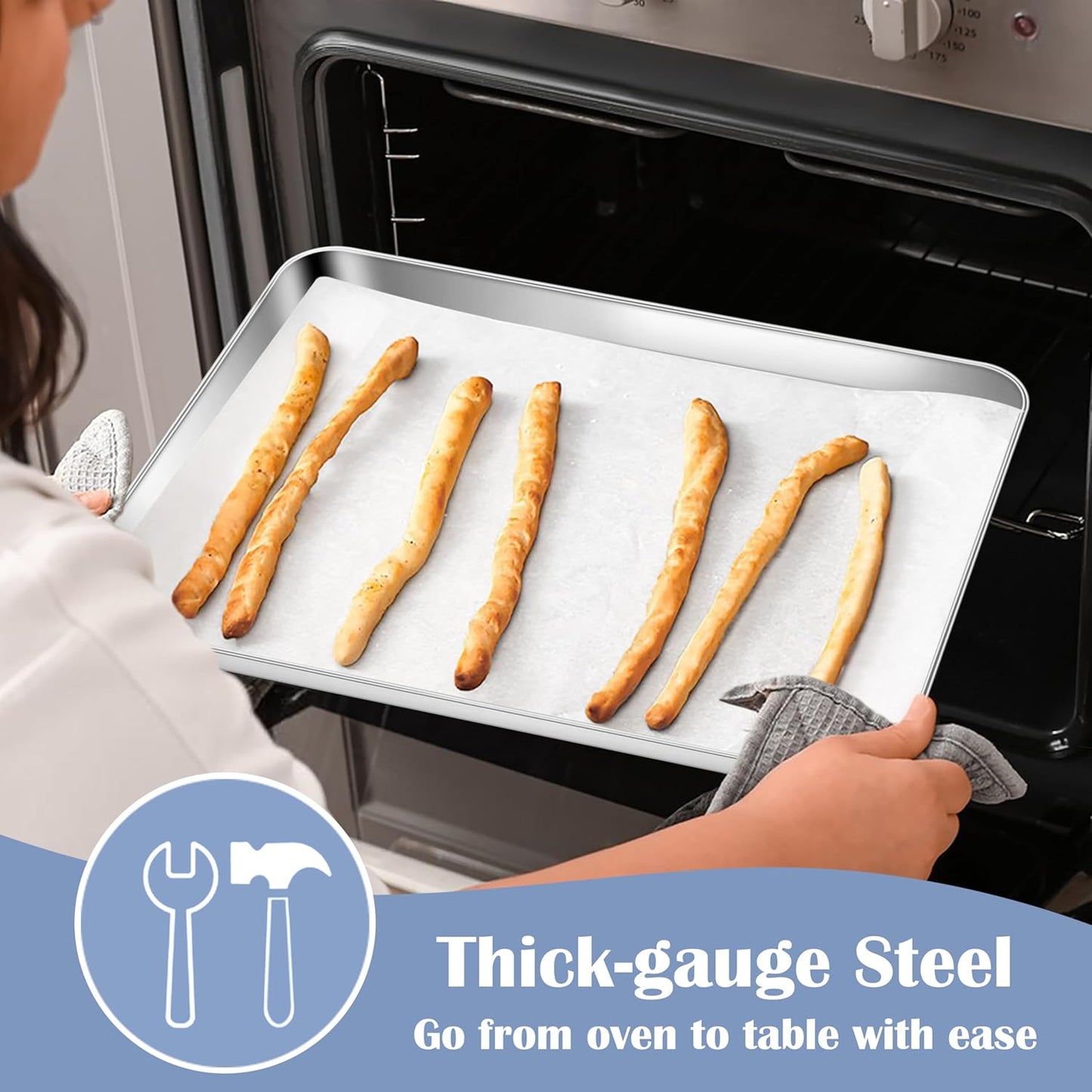 E-far Stainless Steel Baking Sheet, 12.4” x9.7” Baking Cookie Sheet Pan for Oven, Non-toxic Metal Toaster Oven Tray for Cake Cookie, Healthy & Rust Free, Mirror Finish & Dishwasher Safe, 1 Pack