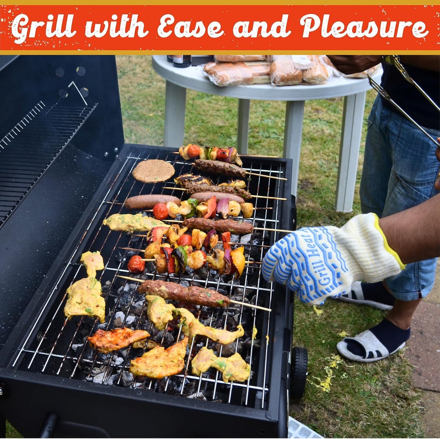 GRILL HEAT AID BBQ Grill Gloves Heat Proof for Grilling β Fireproof 1472Β°F Heat-Resistant Grill Mitts for Outdoor Barbecue and Smoker, Campfire, Fire Pit, Oven Glove with Fingers for Baking Pizza