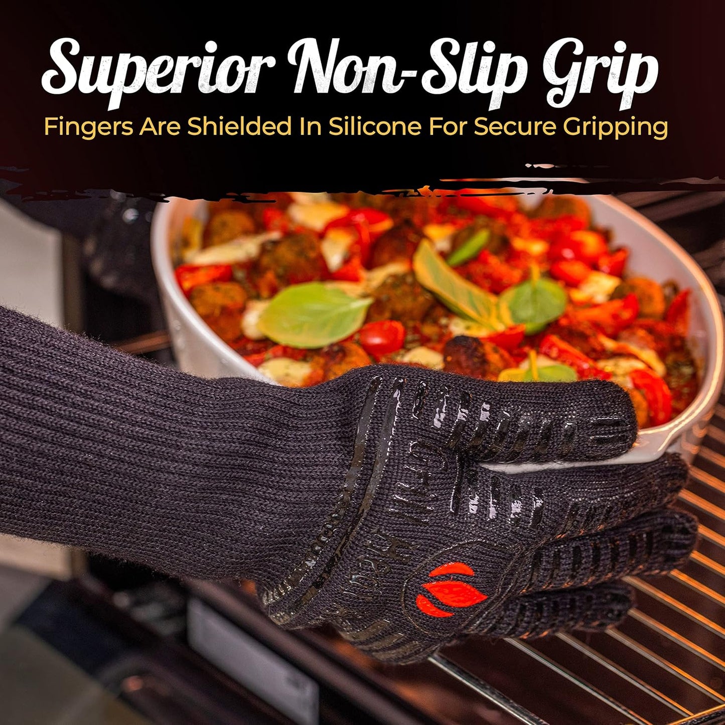 GRILL HEAT AID BBQ Grill Gloves Heat Proof for Grilling β Fireproof 1472Β°F Heat-Resistant Grill Mitts for Outdoor Barbecue and Smoker, Campfire, Fire Pit, Oven Glove with Fingers for Baking Pizza