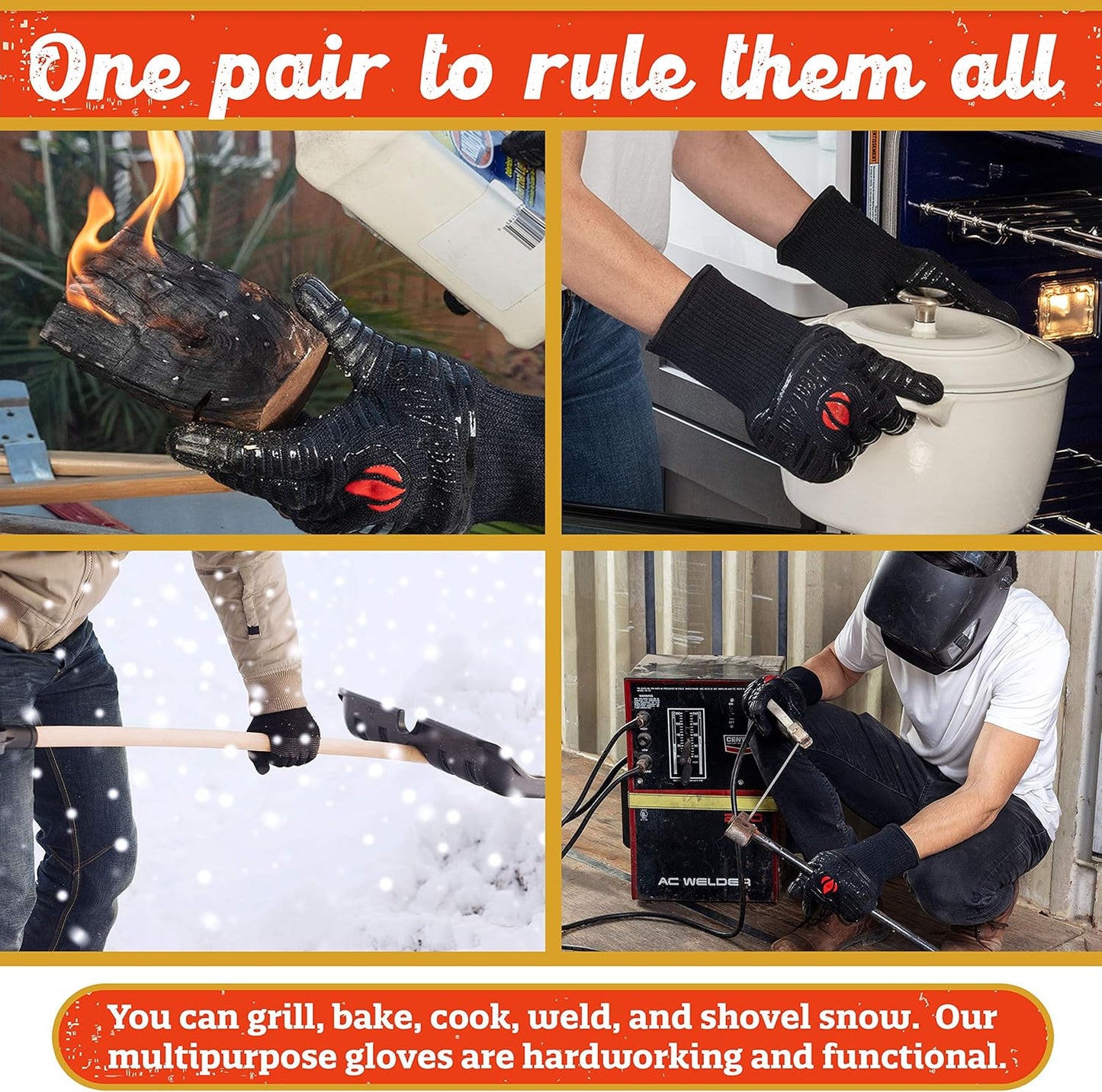GRILL HEAT AID BBQ Grill Gloves Heat Proof for Grilling β Fireproof 1472Β°F Heat-Resistant Grill Mitts for Outdoor Barbecue and Smoker, Campfire, Fire Pit, Oven Glove with Fingers for Baking Pizza