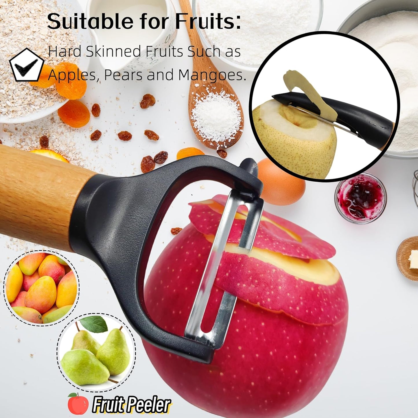 Trez Treamer 2 pack Vegetable Peelers for Kitchen, Super Sharp Wooden Potato Peeler Set Apple Cucumber Carrot Fruit Potatoes Veggie Peeler Bulk with Stainless Steel Blade,Dishwasher Safe