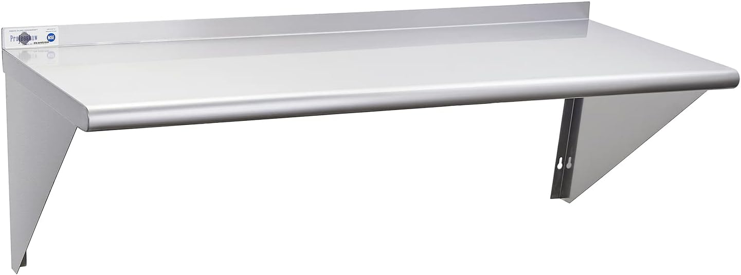 Profeeshaw NSF Stainless Steel Shelf 18” x 48”, 400 lb Commercial Shelves Wall Mounted Metal Shelving with Backsplash and 2 Brackets for Restaurant, Bar, Utility Room, Kitchen and Garage