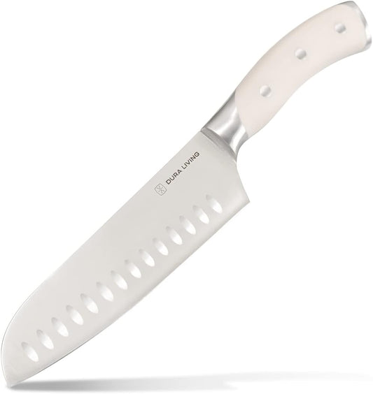 7-Inch Santoku Knife – Ultra-Sharp German High Carbon Stainless Steel, Full Tang, Ergonomic Handle, Multipurpose Kitchen Knife for Chopping, Slicing, and Dicing, Cream