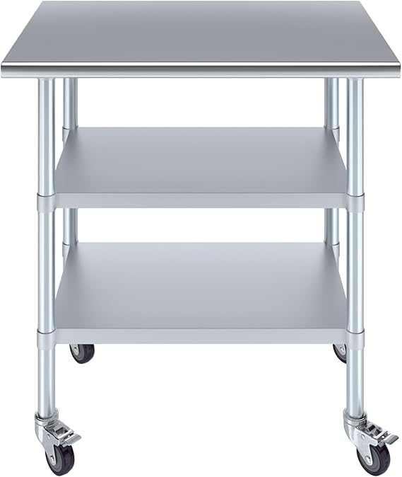 Stainless Steel Work Table with 2 Shelves and Casters | Metal Utility Table On Wheels (36" Long x 24" Deep)
