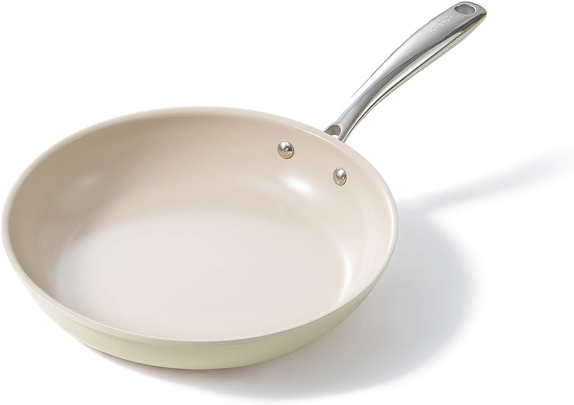Redchef Ceramic Non Stick Egg Pans, Nonstick Frying Pan Skillet, 8 inch Cooking Pan Non Toxic with Stay Cool Handle for Induction, PTFE & PFAS & PFOA Free, Dishwasher/Oven Safe (Beige White)