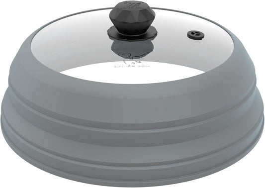 Microwave Splatter Cover Vented Glass Splatter Guard Lid with Collapsible Silicone for Food as Pot Cover Plate 9.8 inch Light Grey
