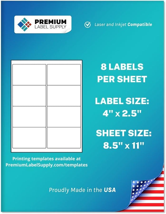 Premium Label Supply White Sticker Shipping/Mailing Labels – 4" x 2.5" – Laser/Inkjet Compatible – (8 per Sheet), 2000 Sheets – 16,000 Total Adhesive Labels