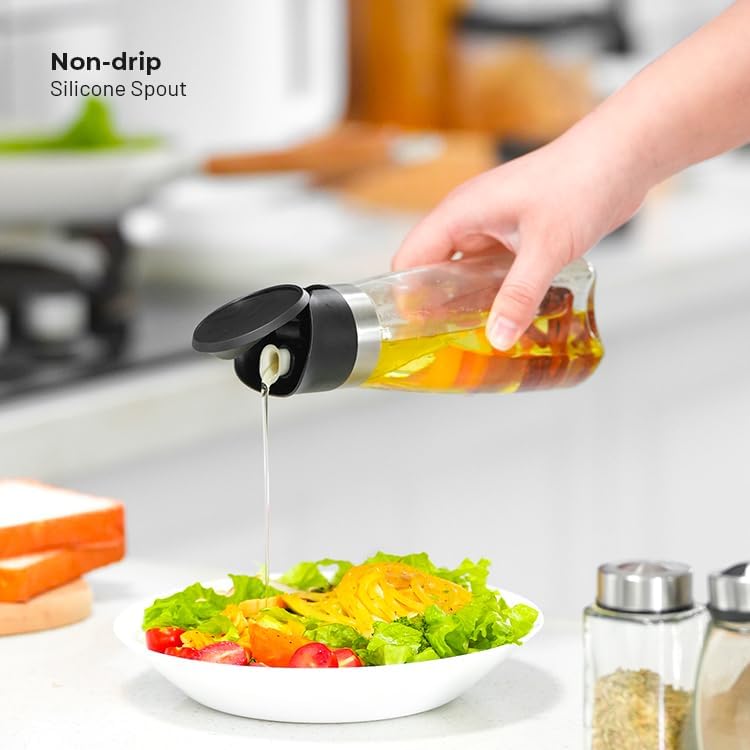 Premium Glass Olive Oil and Vinegar Dispenser Bottles Set, 2-Piece Kitchen Cooking Cruet with Auto-Open Lid, Non-Drip Pouring Spout, Oil Infuser Filter, Dishwasher Safe (Black 16oz)