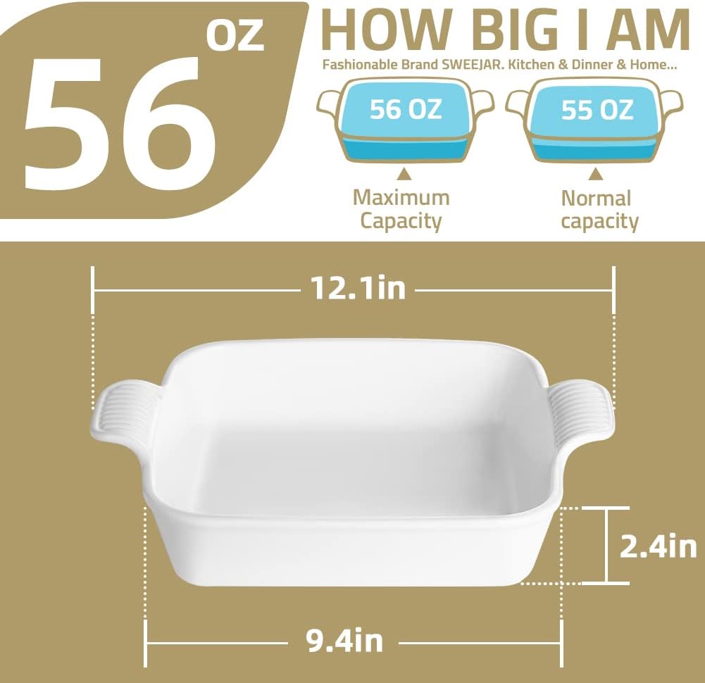 Sweejar Ceramic Baking Dish, 9 x 9 Cake Baking Pan for Brownie, Porcelain Square Bakeware with Double Handle for Casserole, Lasagna, Family Dinner (Navy)