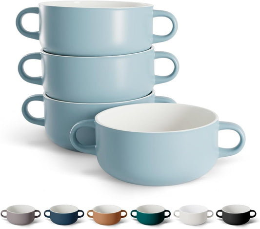 KooK Soup Crocks, Ceramic Bowls, Broil, Oven, Microwave and Dishwasher Safe, with Handles, For Casserole, Pasta, Cereal, 18 oz, Set of 4 (Pale Blue)