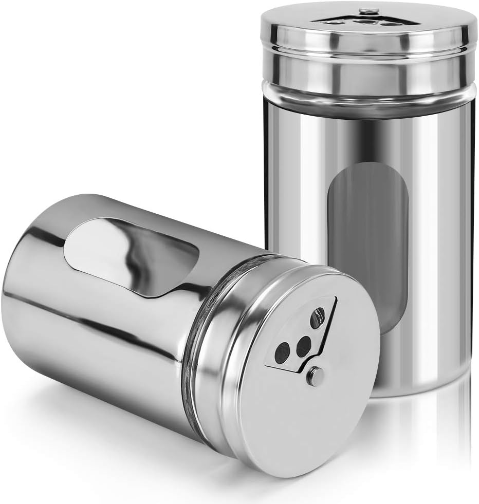 Accmor 2pcs Salt and Pepper Shakers,Stainless Steel Shaker for Salt Powder Sugar Cinnamon Pepper, Spice Dispenser with Adjustable Pour Holes,Silver