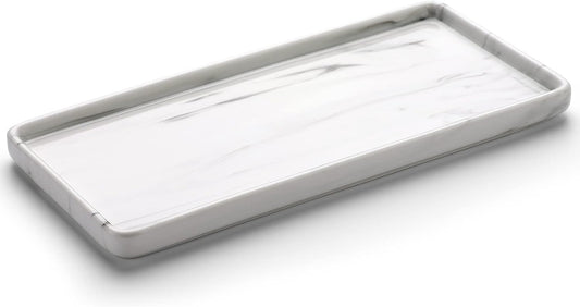 Gurygo 10" Bathroom Tray for Counter, Ceramic Vanity Trays for Bathroom, Small Rectangle Ceramic Trays, Kitchen Soap Ceramic Tray for Kitchen Counter, (Marble White, Set/1)