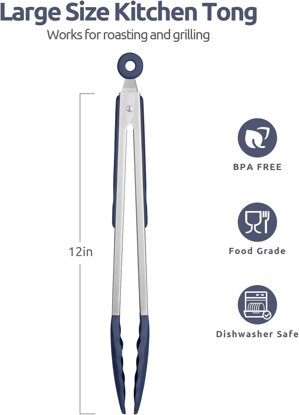 Heat Resistant Silicone Kitchen Tong: U-Taste 12 inch Large 480ºF Hot Proof Cooking Tong with Sturdy Non Stick Rubber Tips & Silicon Coated Steel Handle & Smooth Locking for Serving (Midnight Blue)