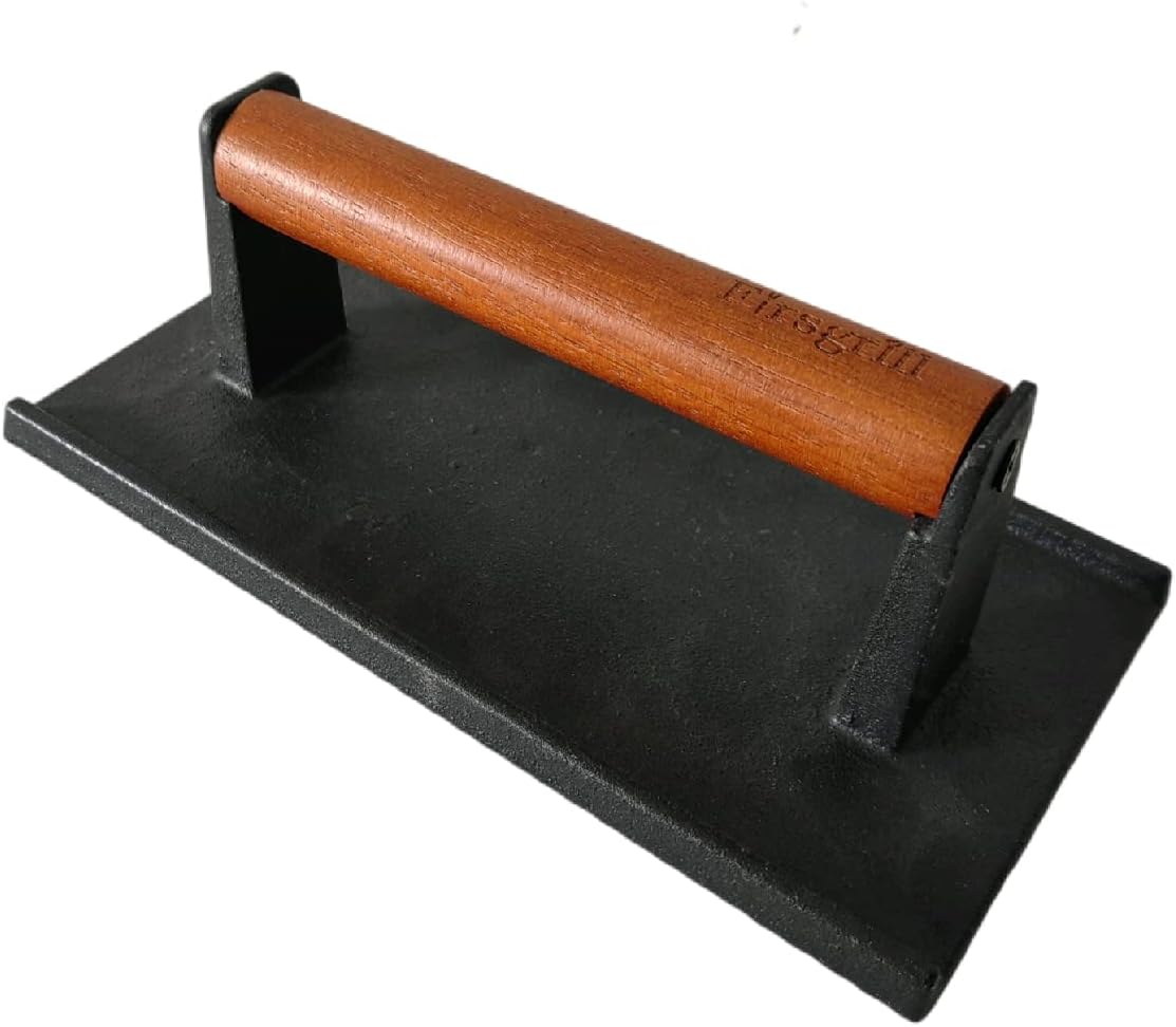 8.3"×4.3" Heavy-Duty Cast Iron Grill Burger Press and Meat Steak with Wood Handle for Blackstone Camp Chef Pitboss Weber Griddle Grills (Rectangle)