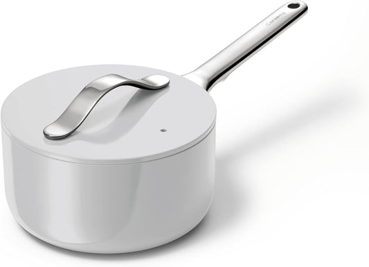 Caraway Nonstick Ceramic Sauce Pan with Lid (1.75 qt) - Non Toxic, PTFE & PFOA Free - Oven Safe & Compatible with All Stovetops (Gas, Electric & Induction) - Gray