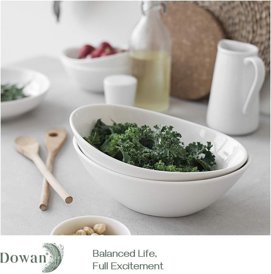 DOWAN 9.25" Serving Bowls, Large Oval Serving Dishes for Wedding and Dinner Parties, 35 Oz for Salad, Side Dishes, Pasta, Oval Shape, Microwave & Dishwasher Safe, Set of 4, Soft White