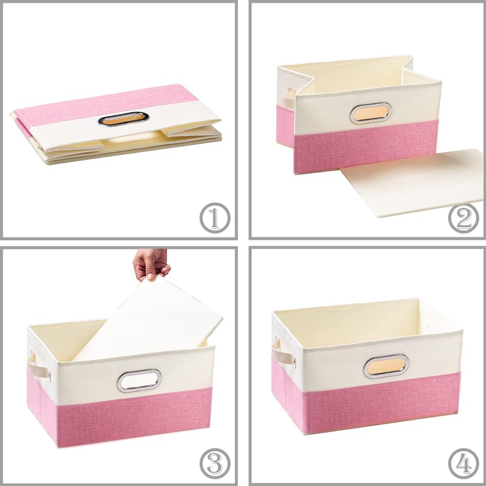 PRANDOM Large Collapsible Storage Baskets for Closet [3-Pack] Decorative Fabric Storage Bins Cubes with Leather/Metal Handles for Shelves Bedroom Living Room Pink&Cream (14.9x9.8x8.3 Inch)