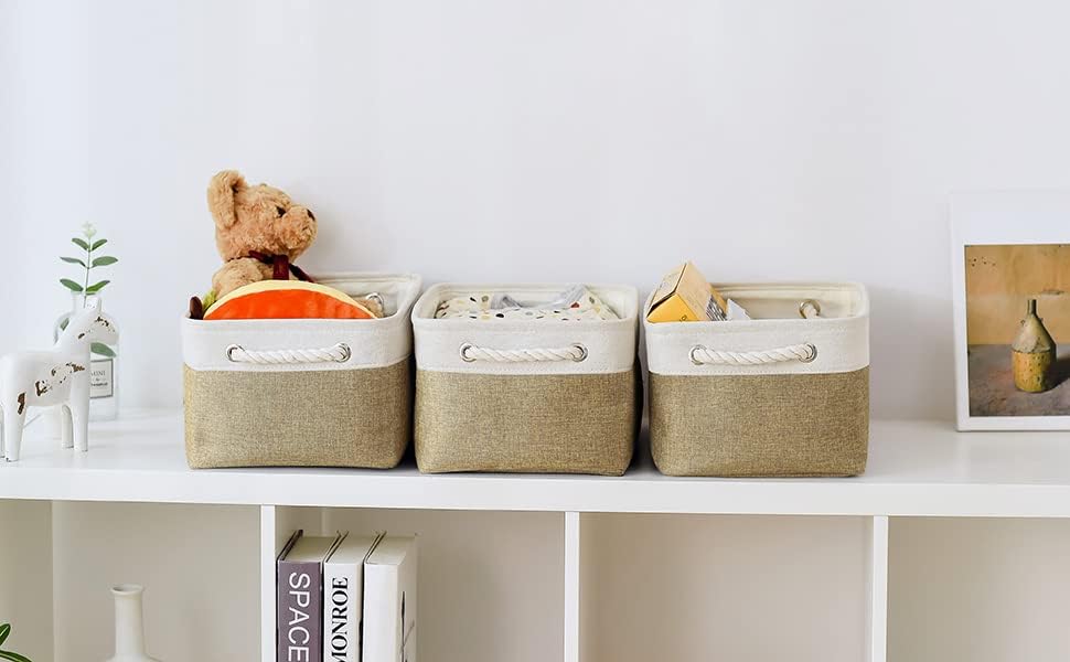 TheWarmHome Storage Basket for Organizing - 14x10x7 inch Medium 3 Pack Collapsible Storage Bin for Shelves with Handles, Canves Storage Box for Organizer Cubes Cloth Gift Toy Closet (White & Khaki)