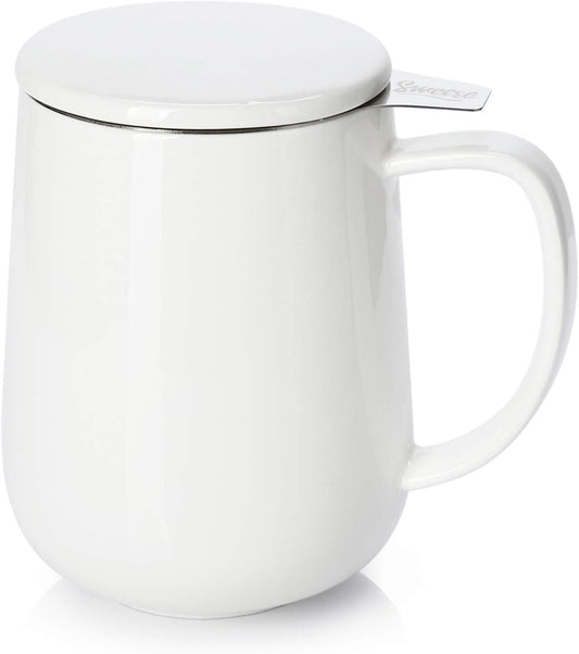 Sweese 20 OZ Porcelain Tea Mug with Infuser and Lid, Loose Leaf Tea Cup, Gifts for Tea Lover - White