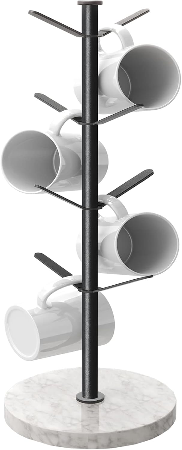 Marble Mug Holder Tree, 8 Hooks Coffee Cups Stand, New Upgraded Stable Mug Stand for Kitchen Counter Cabinet Cafe Black