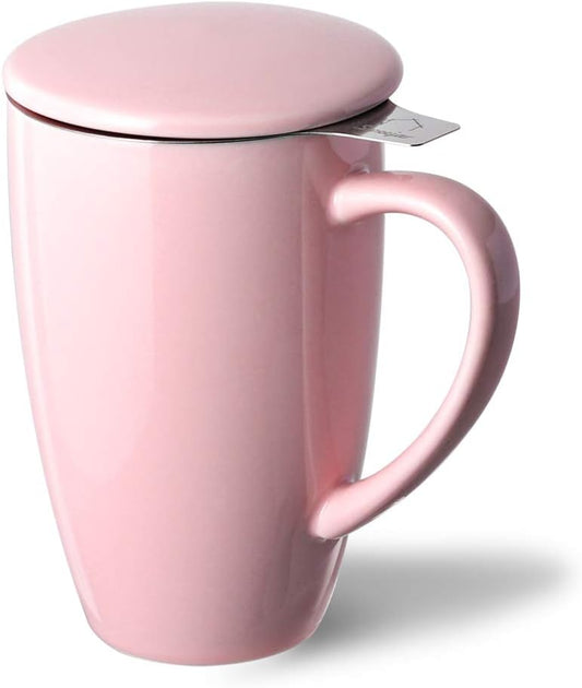 Sweejar Porcelain Tea Infuser Cup with Lid, 16 oz Tea Cup with Strainers for Loose Leaf Tea, Microwave and Dishwasher Safe Coffee Mug, Tea Steeping Mug for Tea Drinkers,Christmas Gift (Pink)