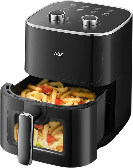 ASZ 5qt Air Fryer Compact Knob Black for dorm office - 4.7L Airfryer with Window 1400W Visual Basket - Non-Stick Pan, Manuel Control Max 60s Timer & 400℉ Kitchen Airfry Countertop Gift