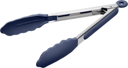 Doosu Kitchen Tongs for Cooking - 600°F Heat Resistant Food Tong with Non-Scratch Silicone Tips, Heavy Duty Stainless Steel Locking Tong for BBQ, Grilling Steak, Serving Salad Pasta (9in, Navy Blue)