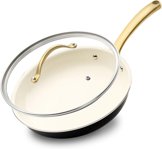 NutriChef 12-Inch Professional Ceramic Frying Pan With Lid - Large Skillet with Golden Titanium Handle, Non-Stick Ceramic Coating, Stain-Resistant, Easy to Clean, Ideal for Home Cooking