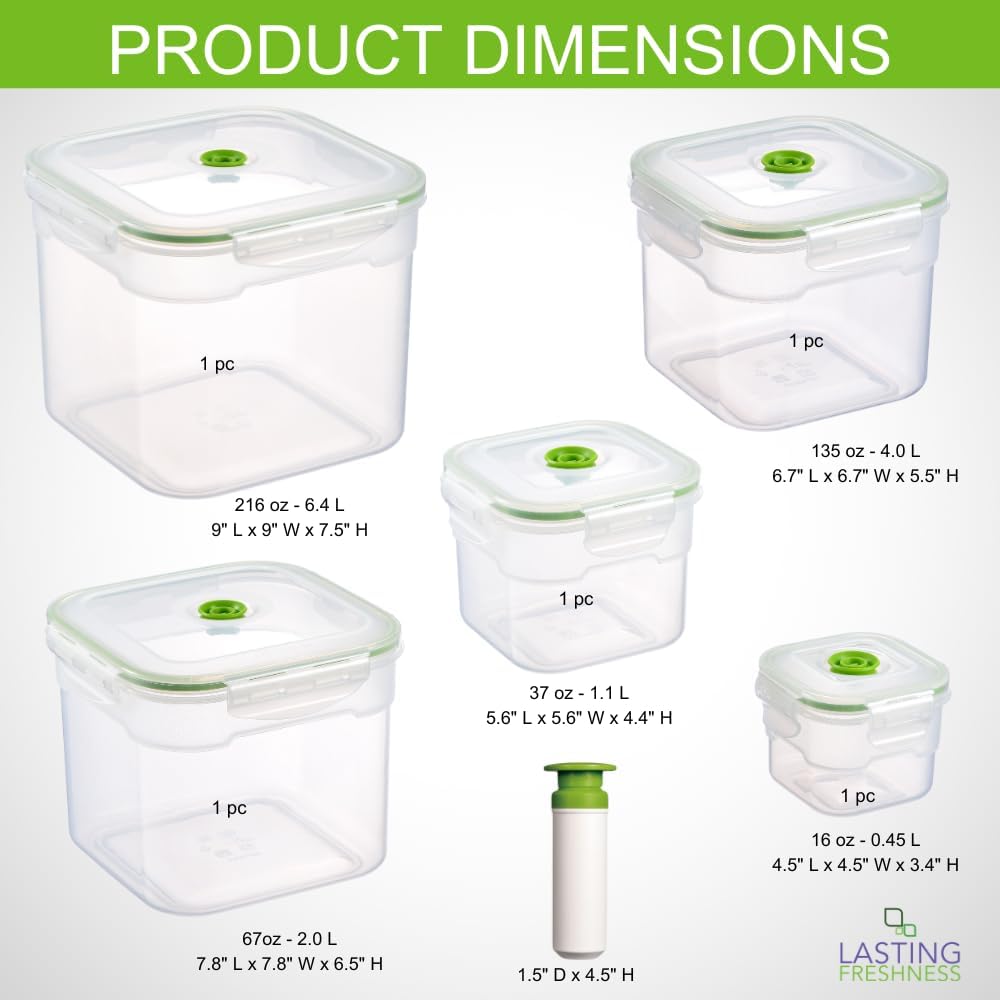 Lasting Freshness 11 piece Vacuum Seal Food Storage Containers with Vacuum Pump, Airtight and Leak Proof, Vacuum Sealed Food Storage Containers, Meal Prep Containers, Keep Food Fresh up to 5 X Longer