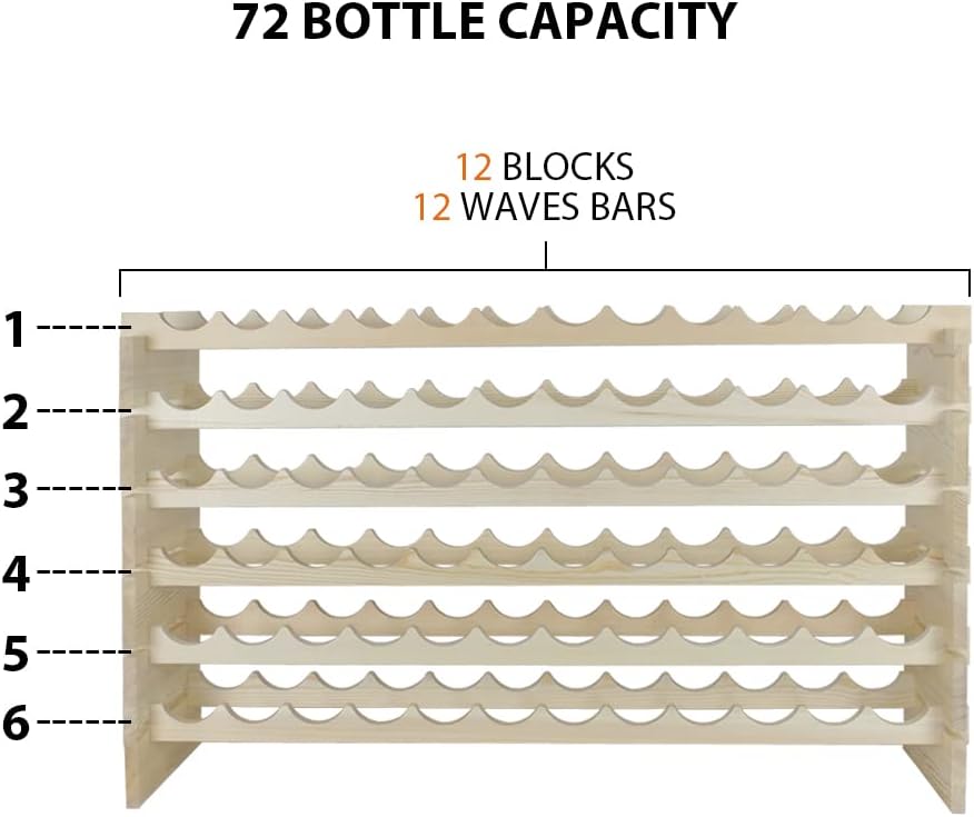 Smartxchoices 72 Bottles Stackable Modular Wine Rack, 6-Tier 72 Slots Floor Wine Storage Stand Wooden Wine Holder Display Shelves, Wobble-Free, Solid Wood, Floor Free Standing