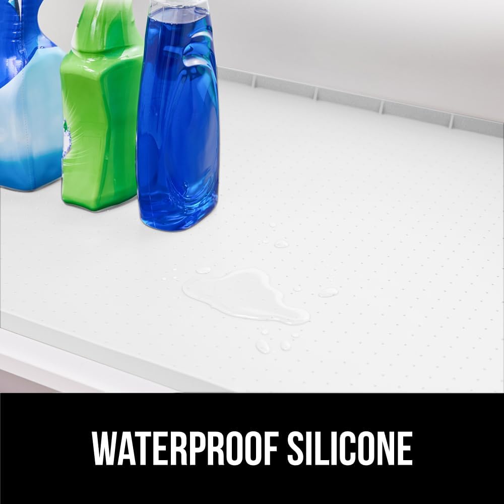 GORILLA GRIP Waterproof Silicone Under Sink Mat with Raised Lip for Kitchen and Bathroom, 31 x 22 in, Cabinet Shelf Liner Stay in Place Mats Dishwasher Safe Drawer Liner, Organizer Tray, White