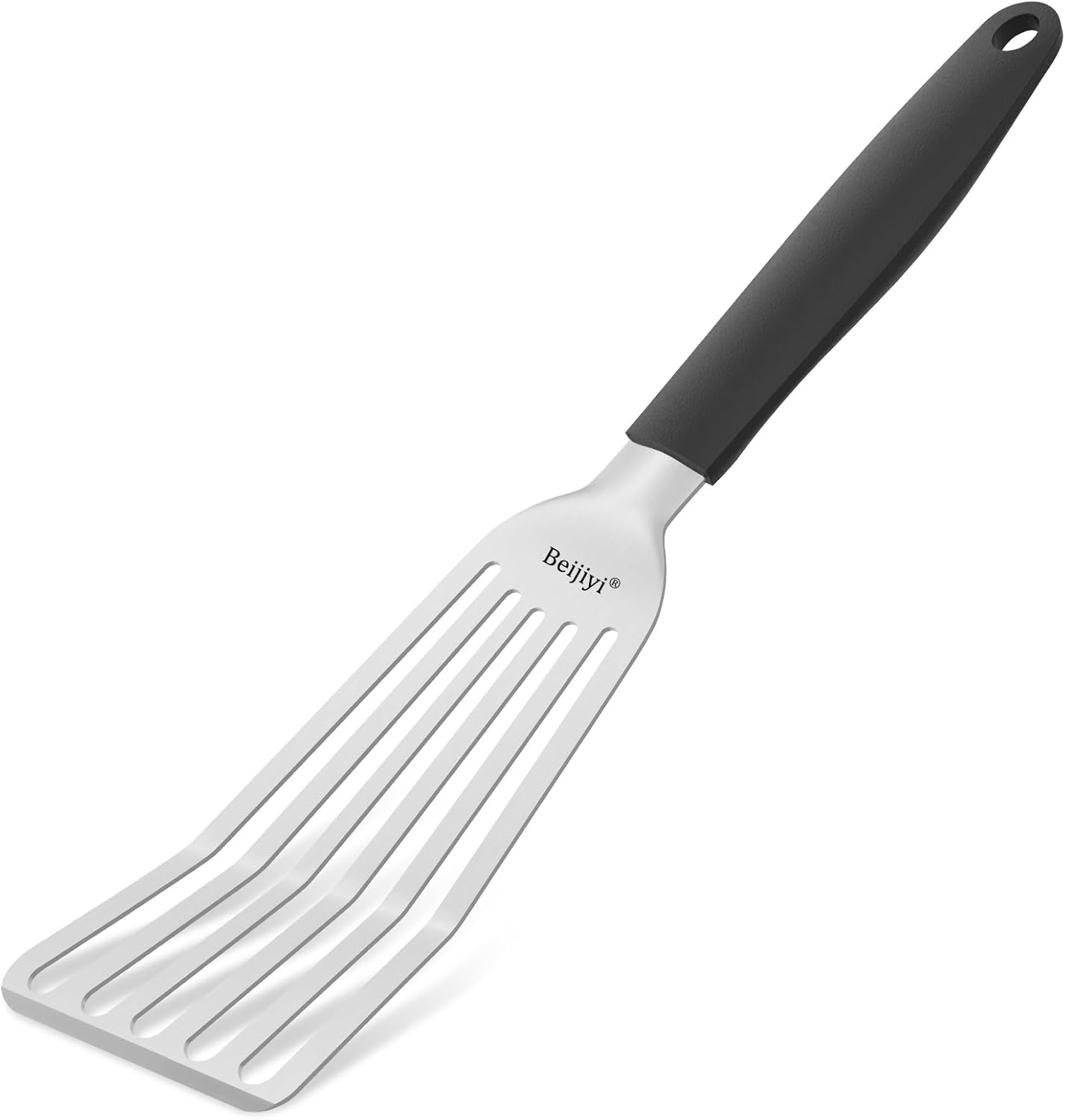 Beijiyi Fish Spatula Stainless Steel, 13.5" Large Metal Fish Spatula for Cast Iron Skillet Cooking and Grilling, Kitchen Slotted Turner with Full Tang Silicone Handle and Curved Blade