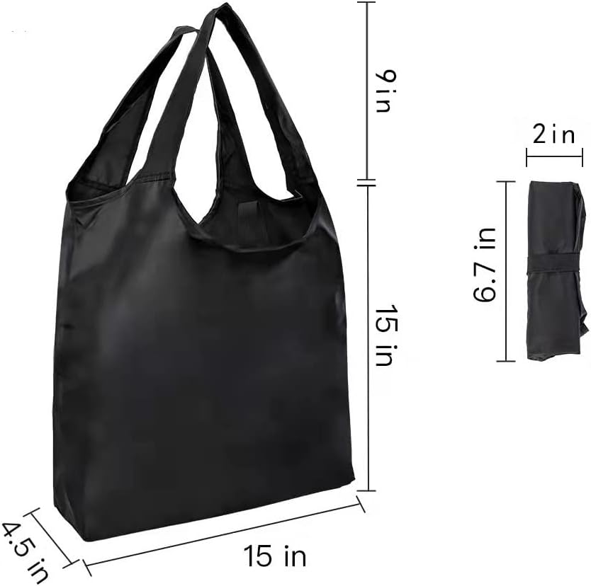 Aricsen 10 Pack Durable Folding Large Kitchen Reusable Shopping Bags with Handles Bulk, Recycle Foldable Grocery Heavy Duty Washable into Pocket Portable Nylon Tote, Polyester Cloth, Black
