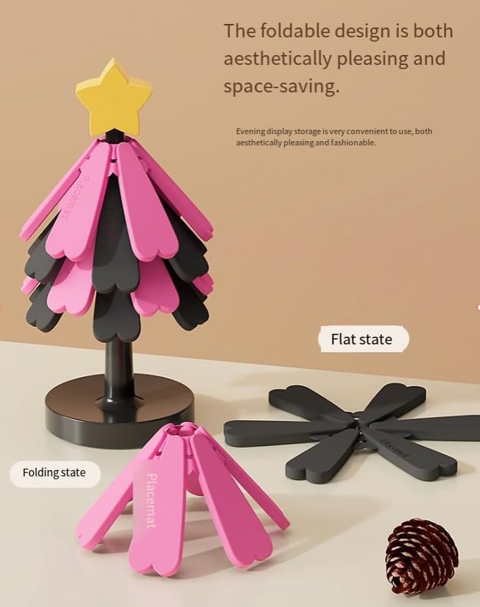 Christmas Tree Silicone Hot Pad, 4-Pack Heat Resistant Trivet for Pots and Pans, Holiday Kitchen Potholder, Coaster, Christmas Table Decor (Four Layers of red and Black Color Scheme + Apples)