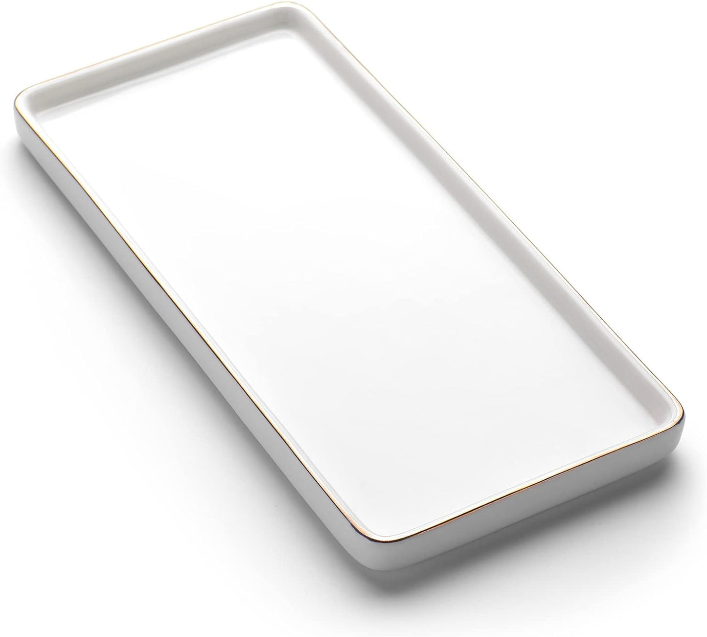 Gurygo 8" Bathroom Tray, Ceramic Vanity Trays for Bathroom, Small Ceramic Trays, Kitchen Soap Tray for Kitchen Counter (White with Gold-Edged, 8",Set/1)