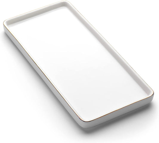 Gurygo 8" Bathroom Tray, Ceramic Vanity Trays for Bathroom, Small Ceramic Trays, Kitchen Soap Tray for Kitchen Counter (White with Gold-Edged, 8",Set/1)
