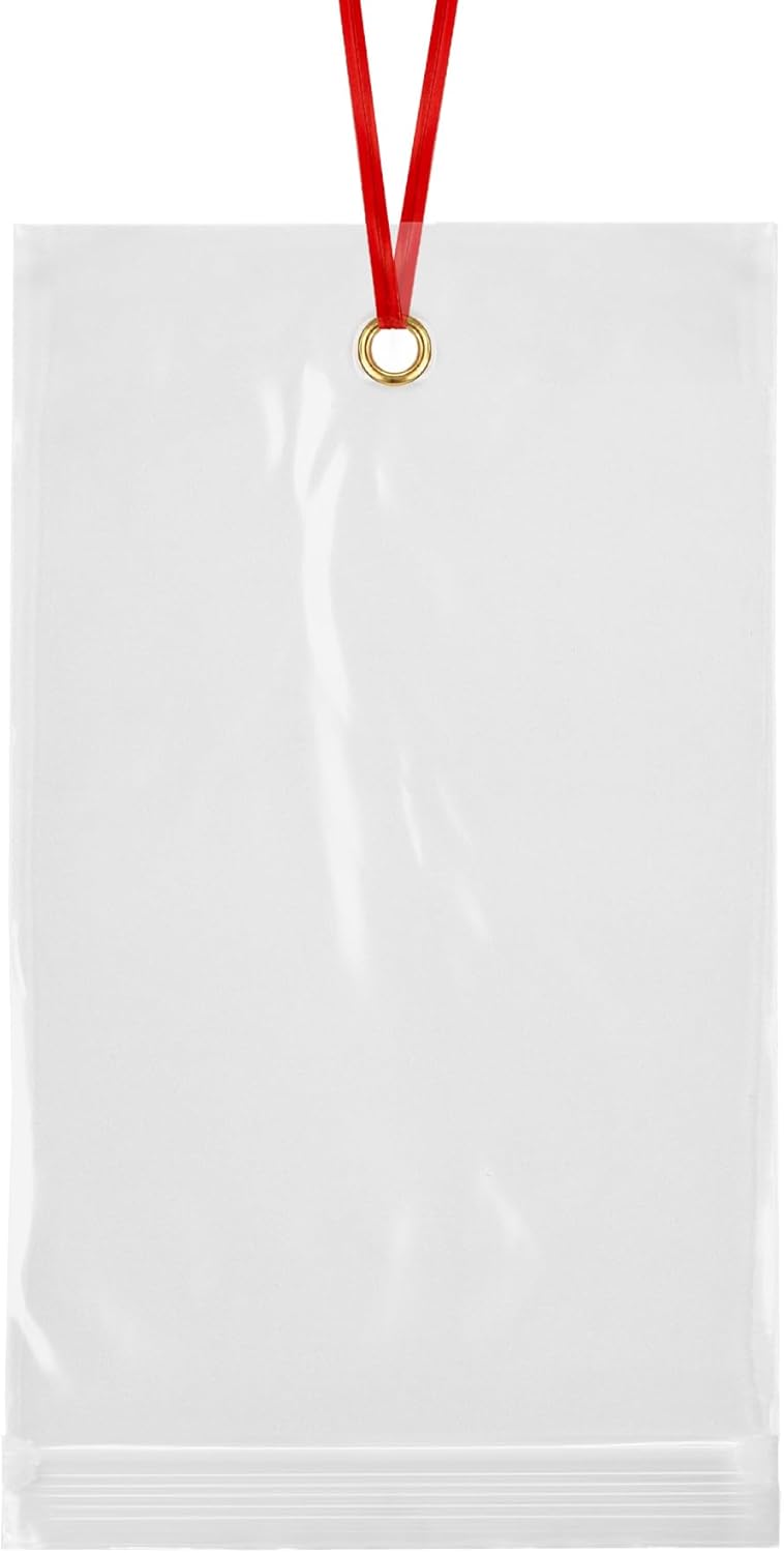 GPI - 5" x 7" Reclosable Zip Bags with Bottom Hang-hole & Pre-inserted 12" Twist-tie. 4 Mil Heavy-duty Resealable Zipper Baggy with Grommet/Metal Eyelet for Hanging (Insert Size 4.5x5.5) 100 Pack