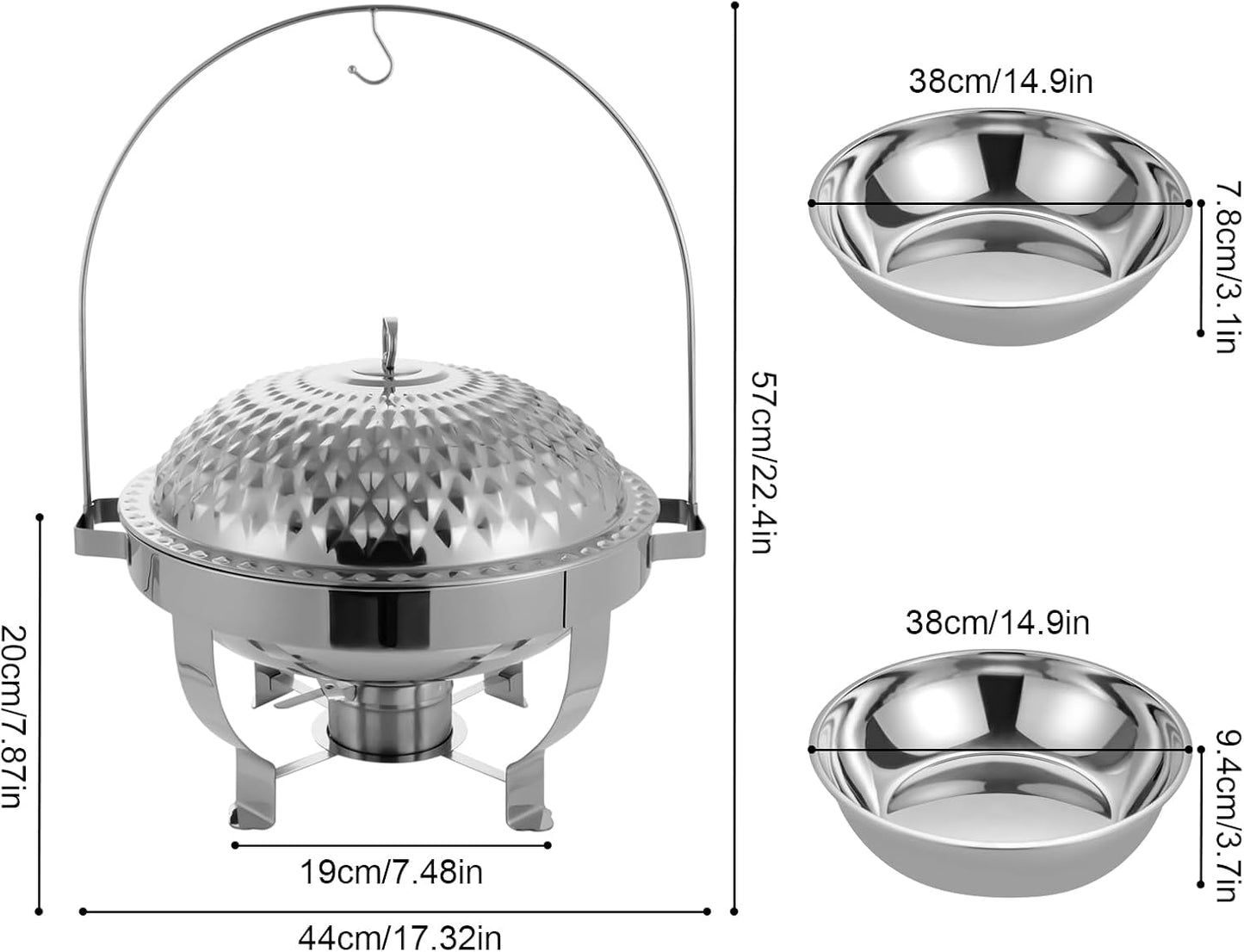 Chafing Dish Buffet Set, Stainless Steel Hanging Lid Dining Stove, Roll Top Chafing Dish Buffet Diamond-Shaped Lid and Round Stand for Buffet Restaurants and Banquets (Silver, 8L/8.5QT)
