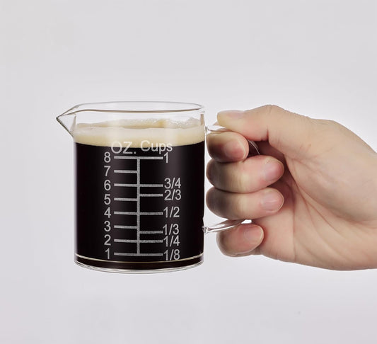 Ackers Etched Graduated Glass Measuring Cup - [Insulated Handle | V-Shaped Spout] - High Borosilicate Glass Measuring Cup for Kitchen or Dining, Easy to Read, 250ml (8oz, 1 Cup)