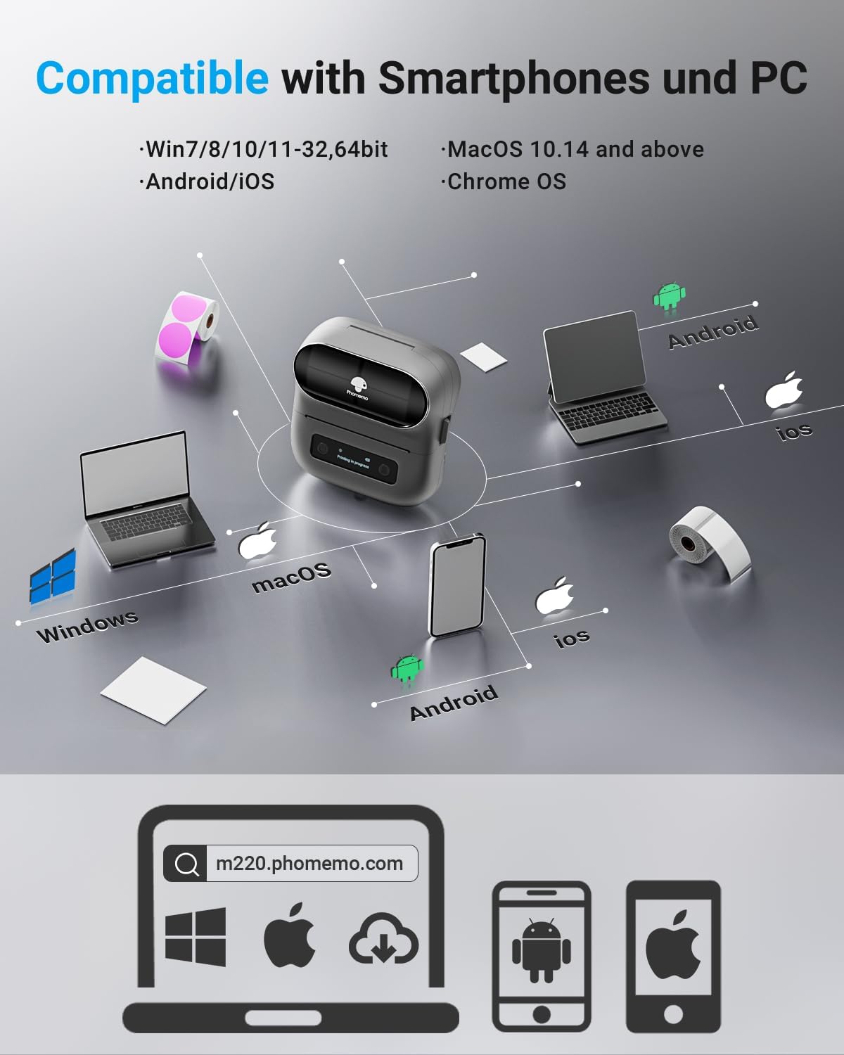 Phomemo Label Printer, M220 Thermal Bluetooth Barcode Label Maker, for Home, Office, School, Compatible with Phone & Laptop
