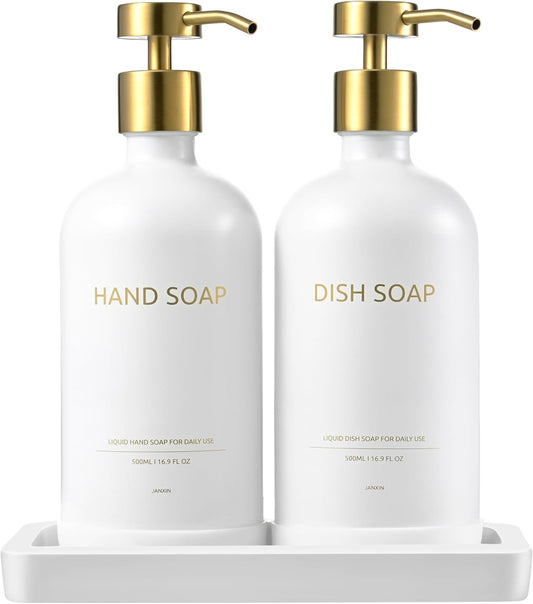 Glass Soap Dispenser Set with Ceramic Tray, 16.9 floz Hand and Dish Soap Dispenser for Bathroom Decor, White and Gold Kitchen Accessories (White Bottles + Gold Pumps)