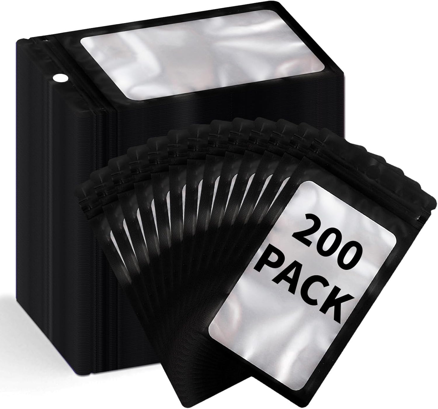 200 Pack Resealable Mylar Holographic Bags Food Storage Smell Proof Bags with Front Window Foil Packaging Pouch for Candy Sample Jewelry Small Business 3.15×5.51 Inch, Black