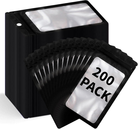 200 Pack Resealable Mylar Holographic Bags Food Storage Smell Proof Bags with Front Window Foil Packaging Pouch for Candy Sample Jewelry Small Business 4.13×5.91 Inch, Black