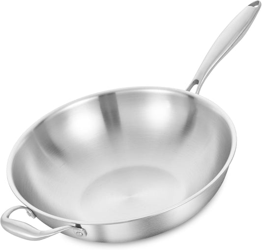 LOLYKITCH 14.5 Inch Tri-Ply Stainless Steel Wok Pan, Stir-Fry Pan,Induction Chef's Cooking Pan,Dishwasher and Oven Safe,Heavy Duty and Detachable Handle