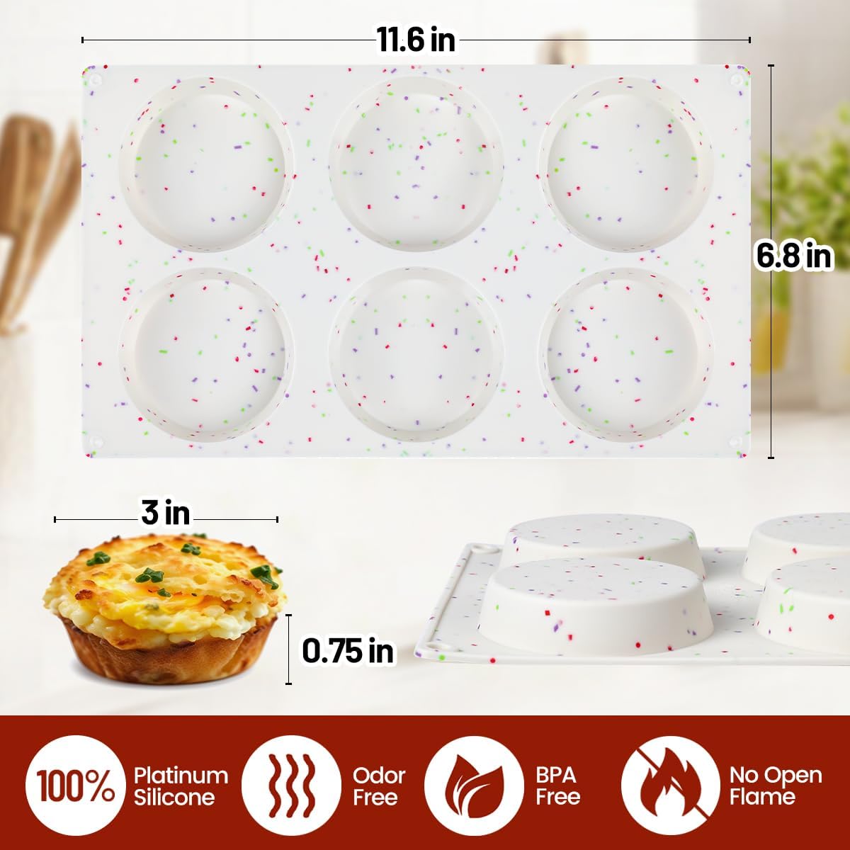 Muffin Top Pan, Silicone Egg Molds for Breakfast Sandwiches 3 Inch Round Baking Pan for Oven English Muffins, Whoopie Pies, Corn Bread, Bites, Tarts 2 Pack Confetti