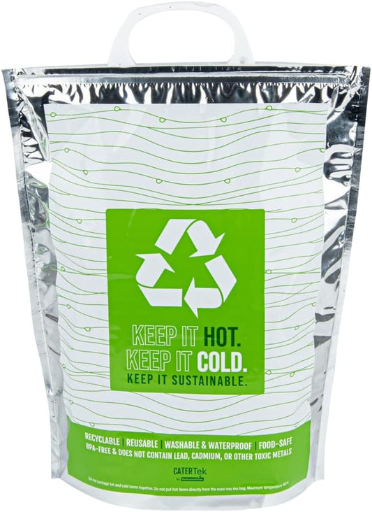 Restaurantware Cater Tek 11.8 x 5.9 x 15 Inch Hot And Cold Bag 1 Triple Layer Insulated Bag - Snap Lock Handles Waterproof Green & Silver Plastic Thermal Lunch Bag For Frozen & Hot Items
