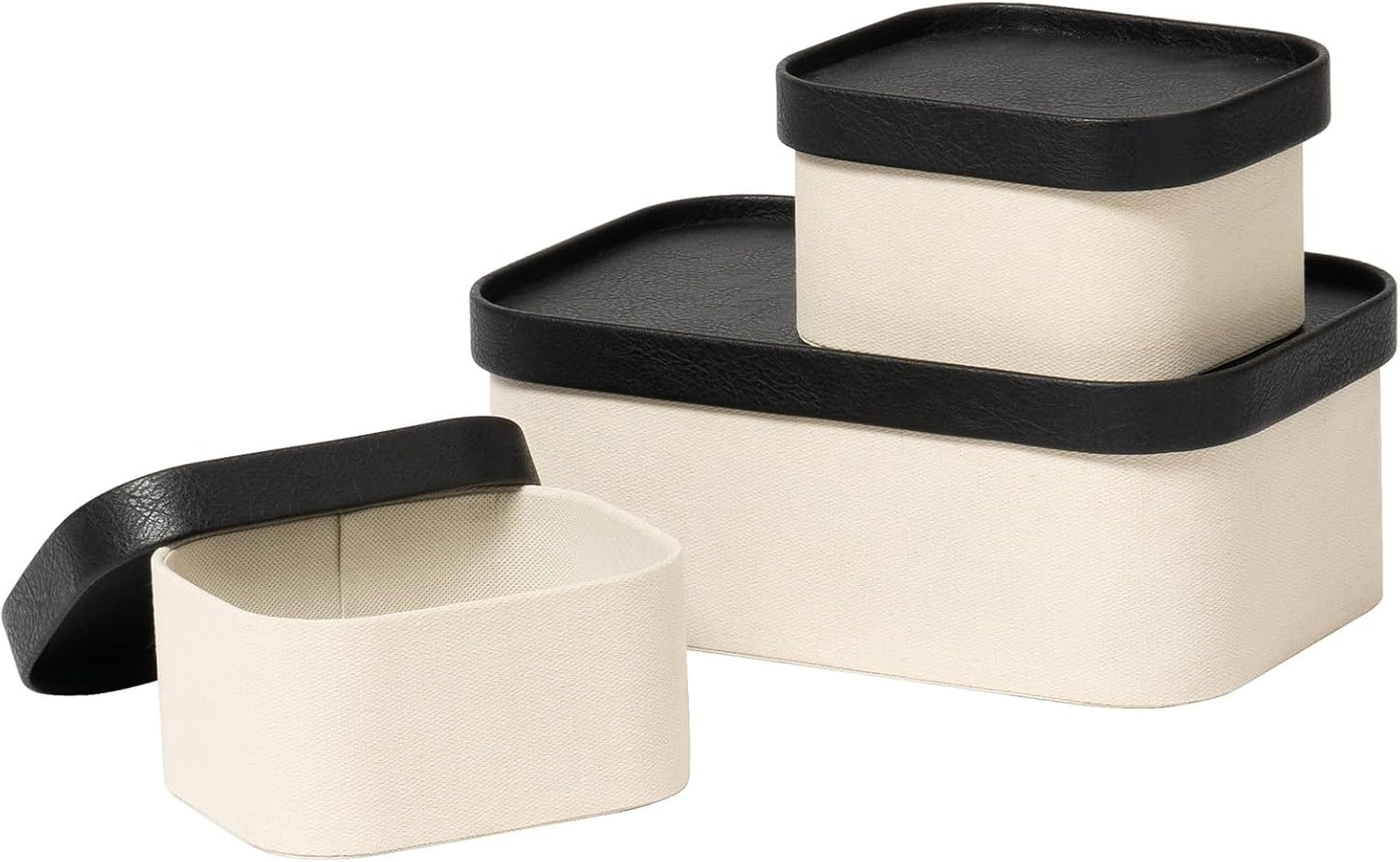 LA JOLIE MUSE Fluted Cardboard Storage Baskets with Leather-Like Lids, Sturdy Stackable Paper Boxes Decorative Tray, Black & Beige, Set of 3