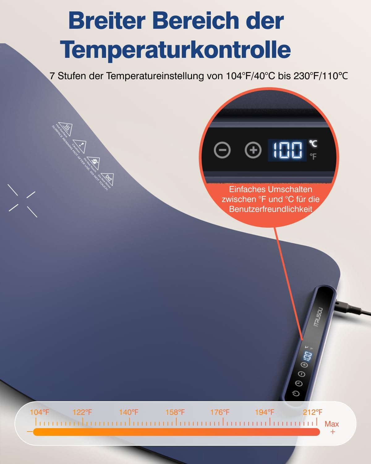 Food Warming Mat, iTRUSOU 27.5x16'' Electric Warming Tray with 7 Temp-Settings, Switchable Fahrenheit/Celsius, 99h Timer, Foldable Food Warmer Keep Food Warm at Buffet, Party, Sabbath, Daily Use