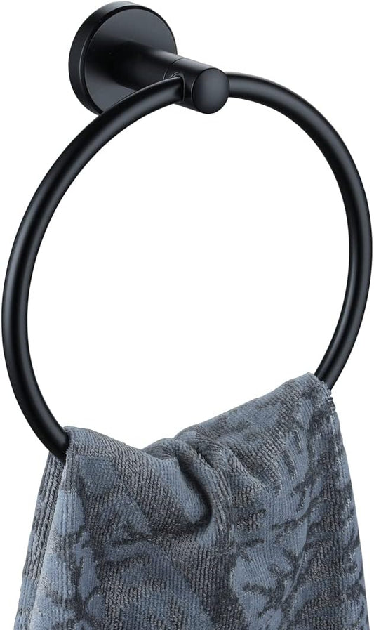 JQK Black Towel Ring, 304 Stainless Steel Matte Black Hand Towel Holder for Bathroom, Wall Mount, TR130-PB